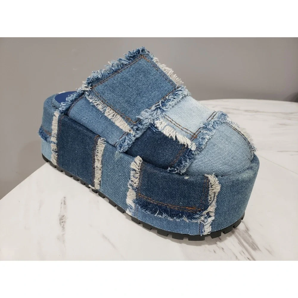 SZ 5 Dolls Kill Current Mood Gritty Rebel Platform Clogs DENIM PATCHWORK Y2K 90S